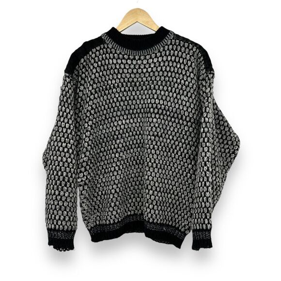 Vintage Chia Sweater 80s 90s Leather Shoulder Patches Men's L Black - Picture 1 of 9